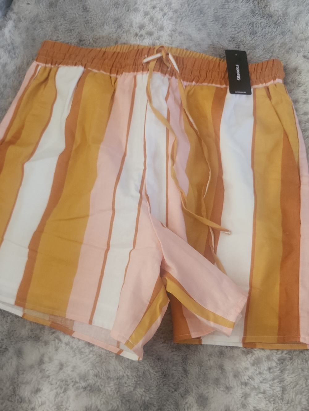 Express Vertical Stripe Drawstring Shorts - Mustard, Pink & White
